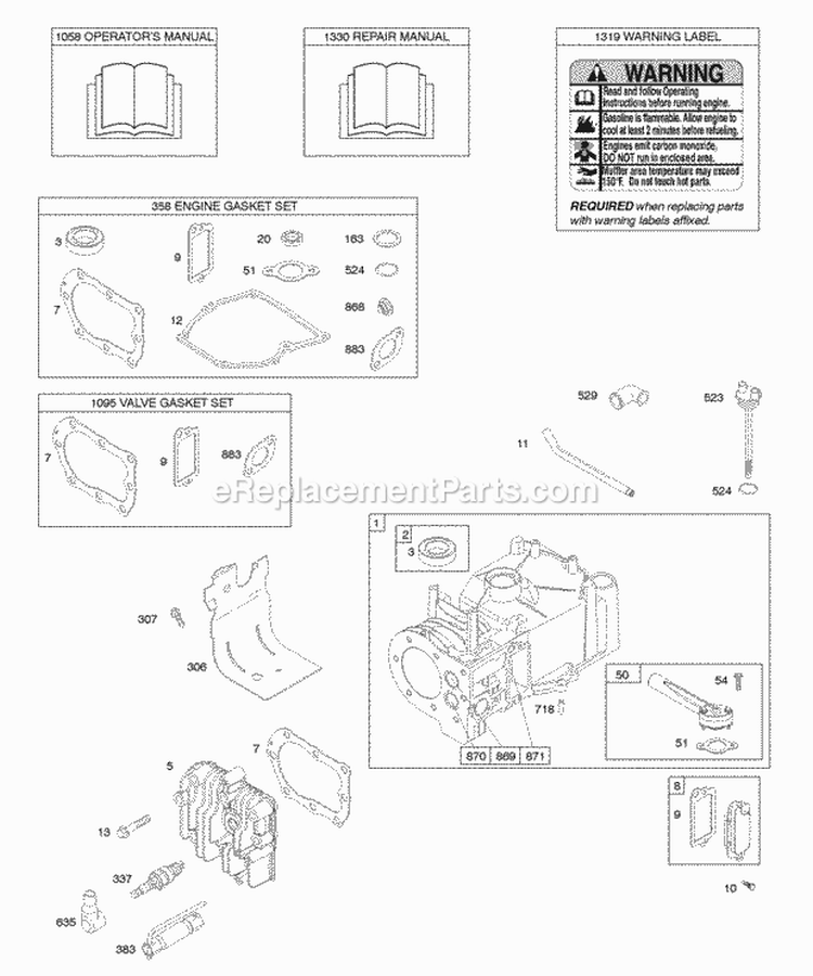 Cylinder Cylinder Head Gasket Set - Engine Gasket Set - Valve Lubrication OperatorS Manual Warning Label Diagram and Parts List for 09M902-0005-E1  Briggs and Stratton Engine
